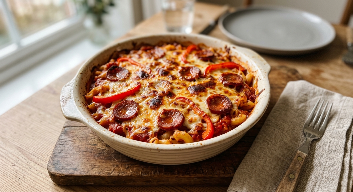 Запечённая пенне с колбасками и перцем