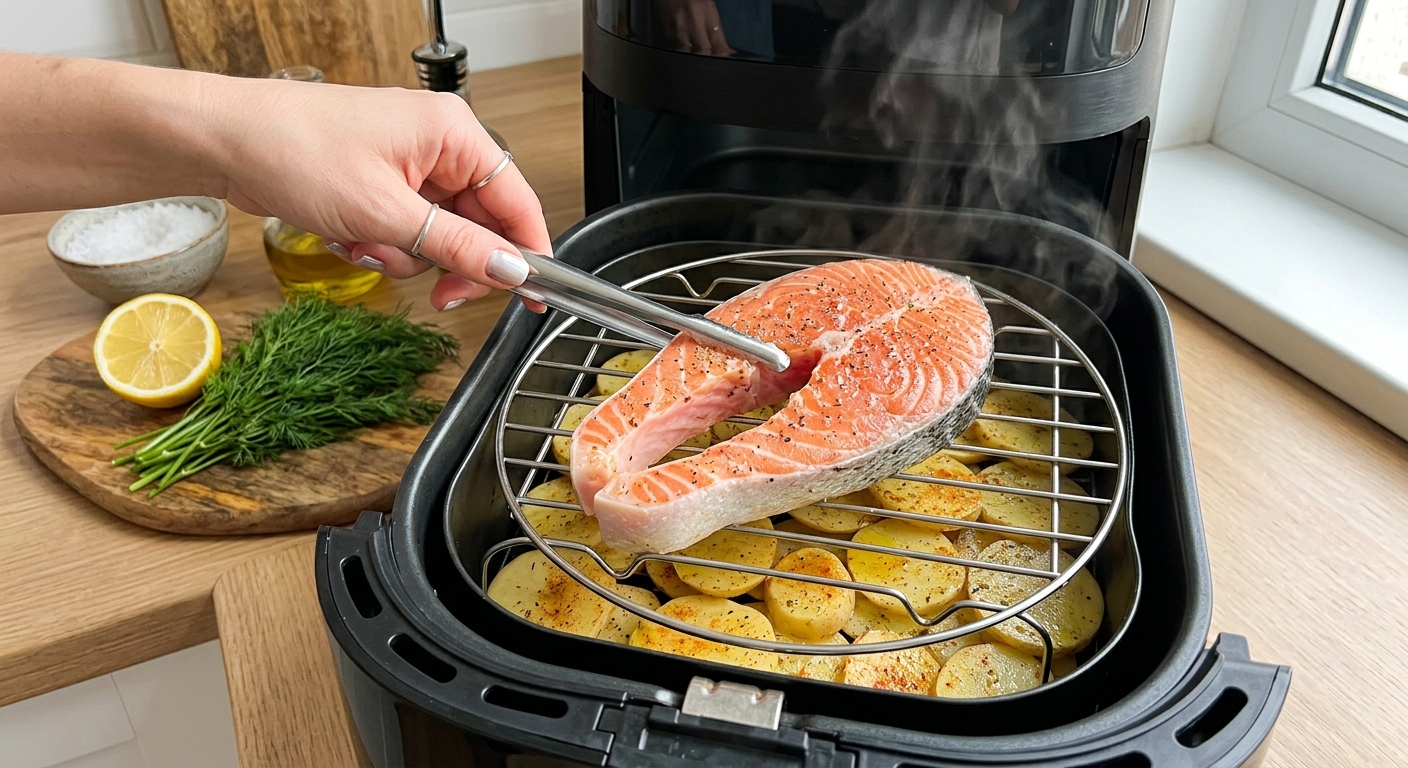 Запечённая семга с картофелем и укропом — процесс готовки в аэрогриле