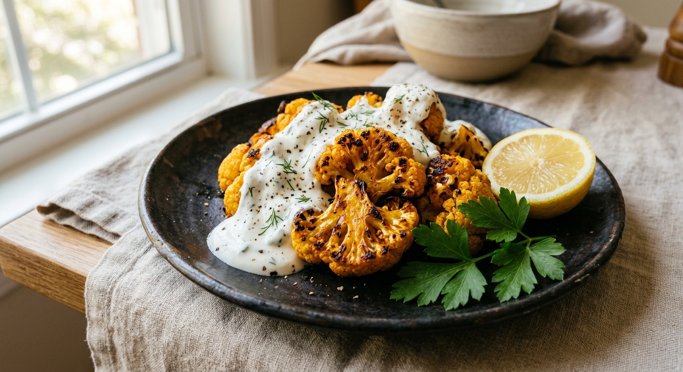 Запечённая цветная капуста с куркумой и йогуртовым соусом
