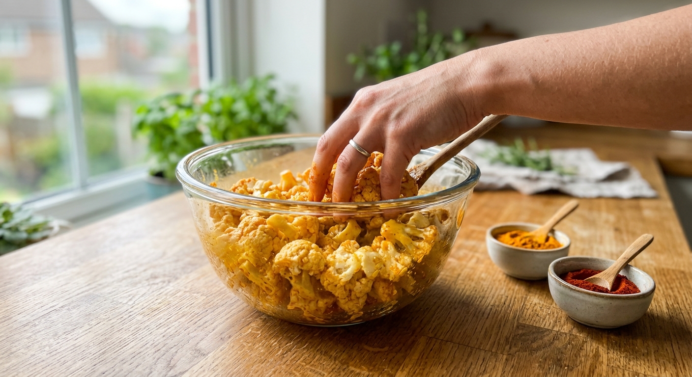 Запечённая цветная капуста с куркумой и йогуртовым соусом — процесс готовки в аэрогриле