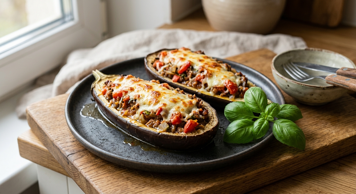 Запечённые баклажаны с фаршем и томатами