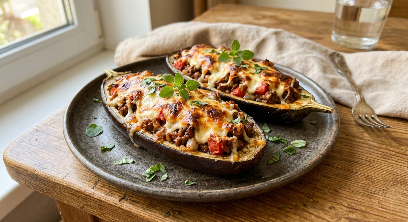 Запечённые баклажаны с фаршем и томатным соусом