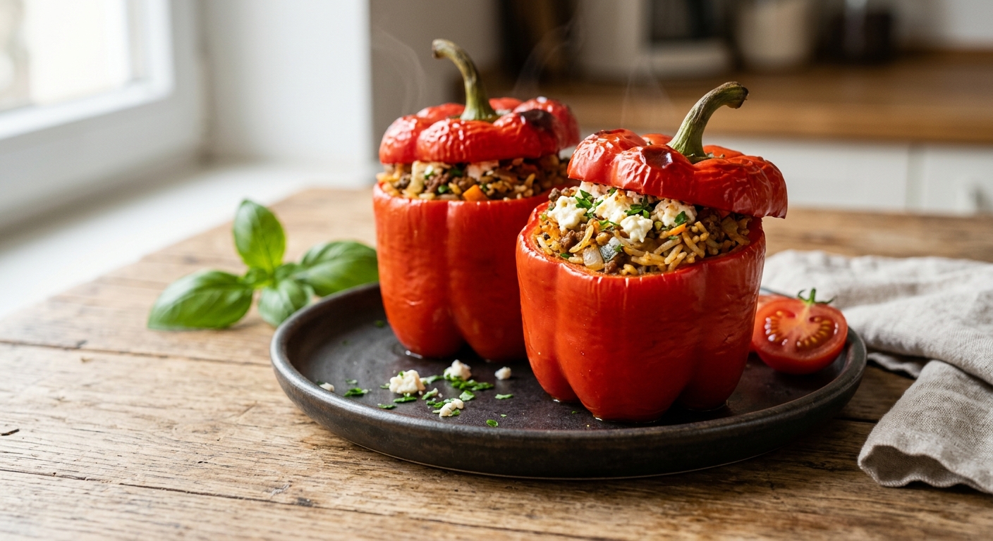 Запечённые фаршированные перцы с рисом и фетой