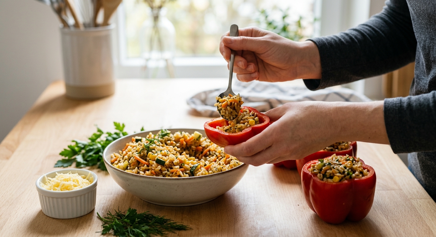 Запечённые фаршированные перцы с рисом и овощами — процесс готовки в аэрогриле