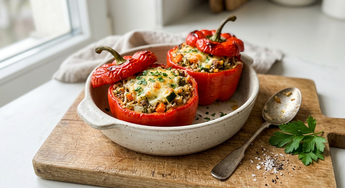 Запечённые фаршированные перцы с рисом и овощами