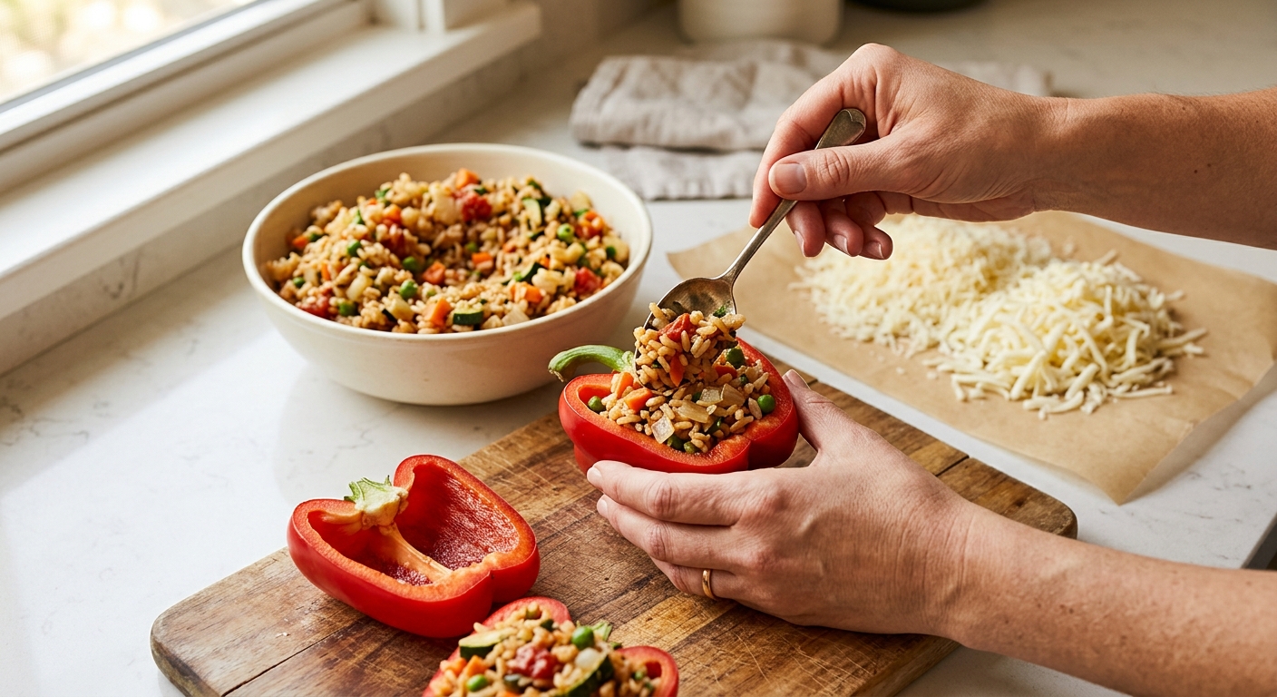 Запечённые фаршированные перцы с рисом и овощами — процесс готовки в аэрогриле