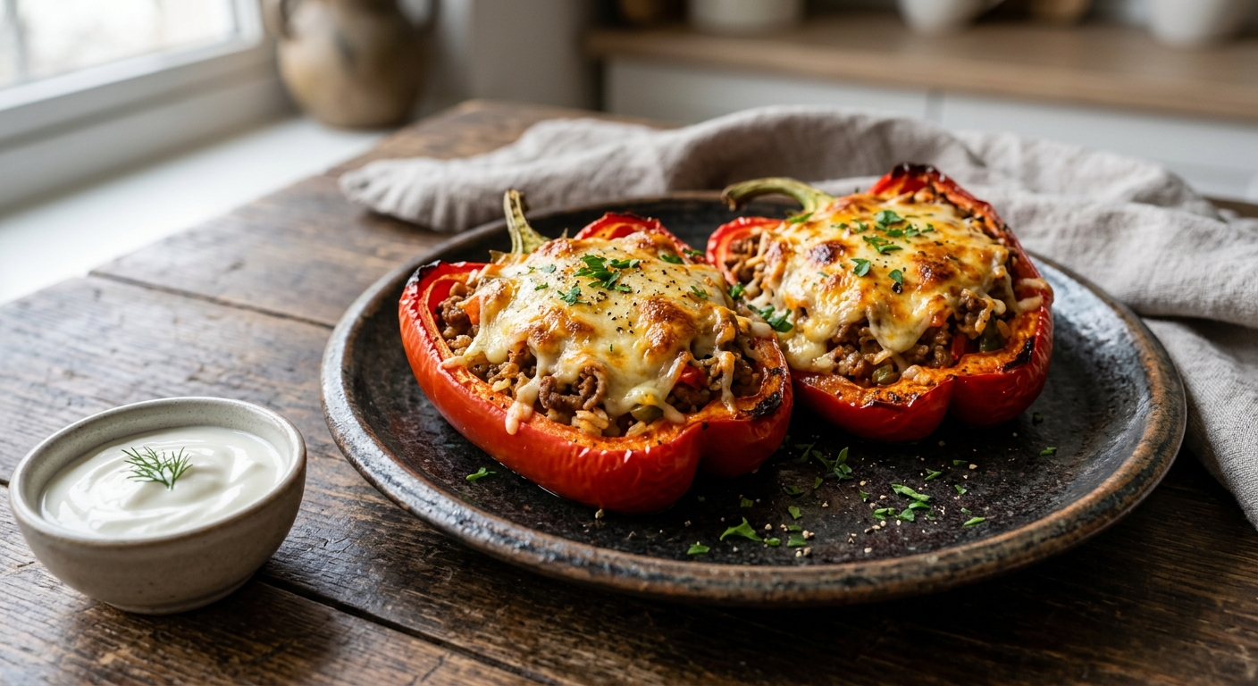 Запечённые фаршированные перцы с рисом и овощами