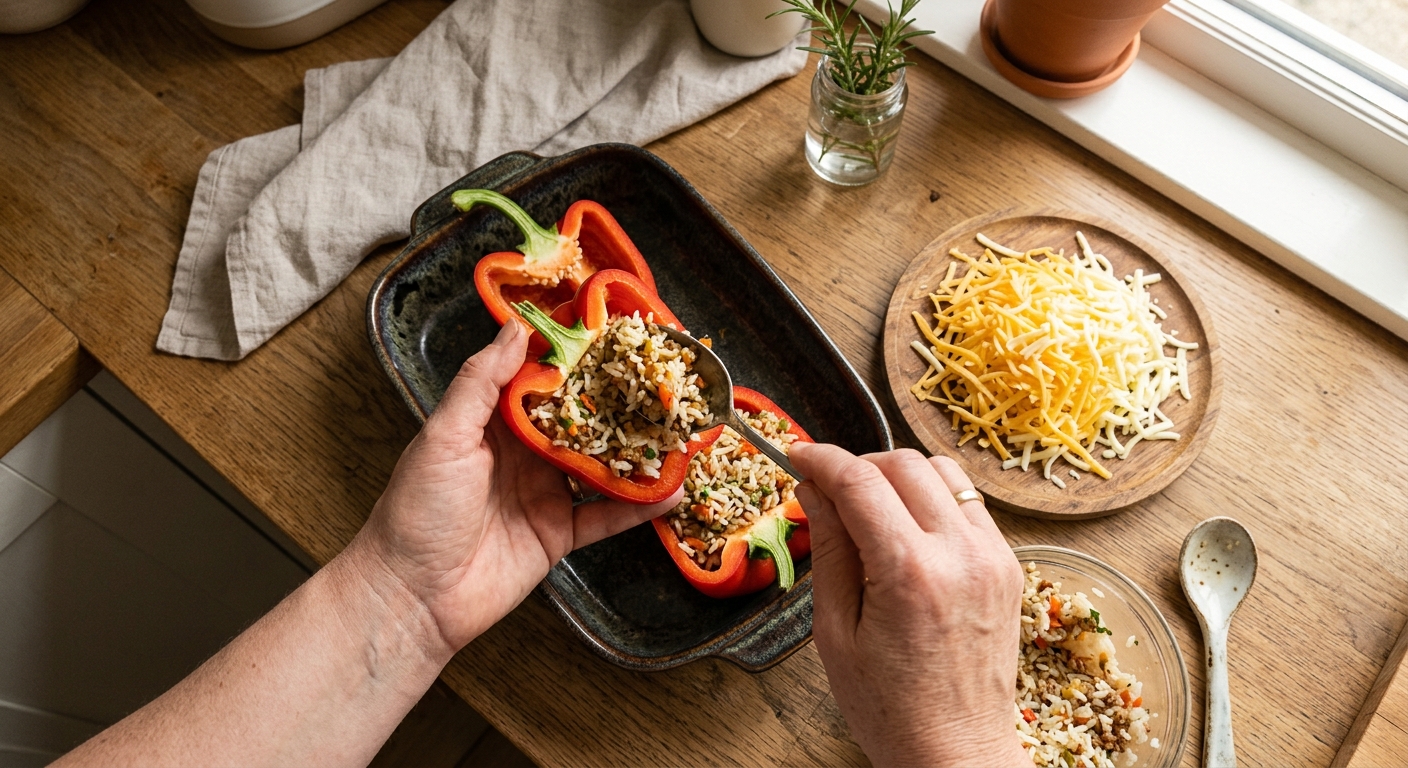 Запечённые фаршированные перцы с рисом и овощами — процесс готовки в аэрогриле
