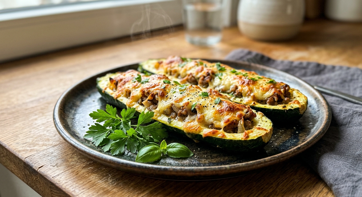 Запечённые кабачки с фаршем и сыром