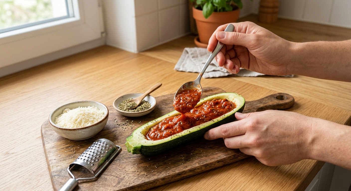Запечённые кабачки с томатным соусом и сыром — процесс готовки в аэрогриле