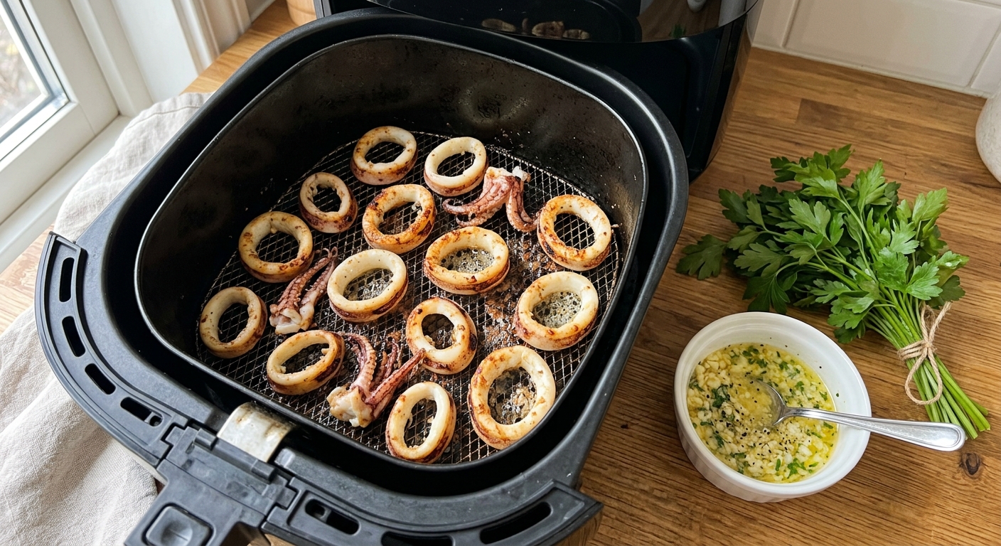 Запечённые кальмары с чесноком и петрушкой — процесс готовки в аэрогриле