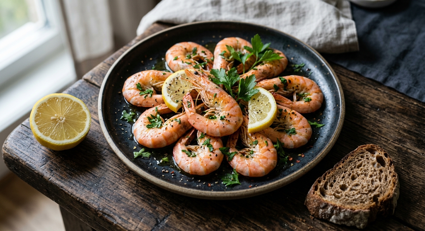 Запечённые креветки с чесноком и лимонным маслом