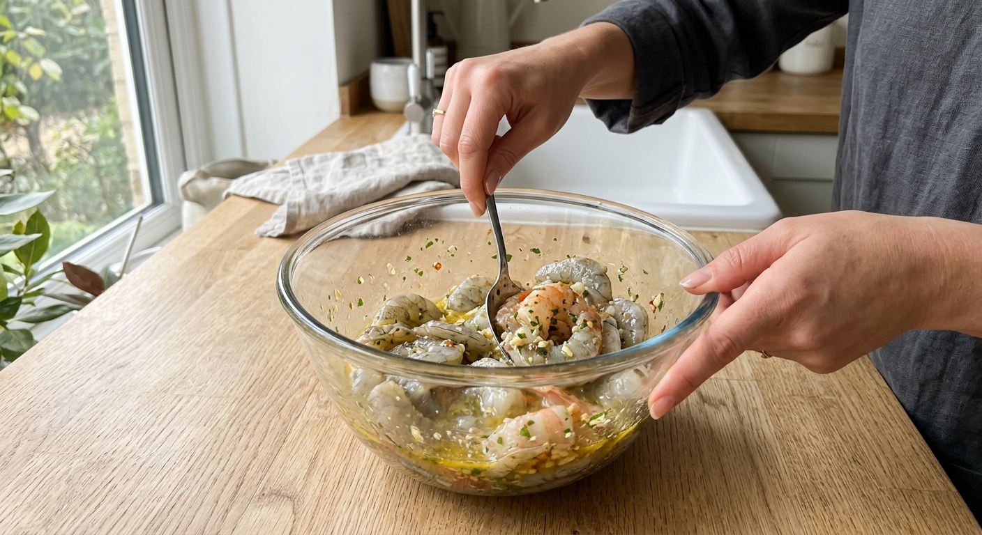 Запечённые креветки с чесноком и лимонным маслом — процесс готовки в аэрогриле