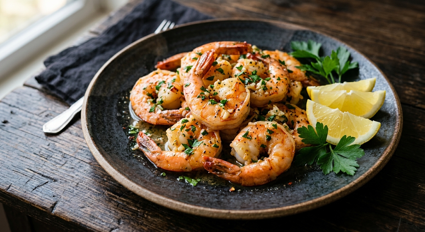 Запечённые креветки с чесноком и лимонным маслом