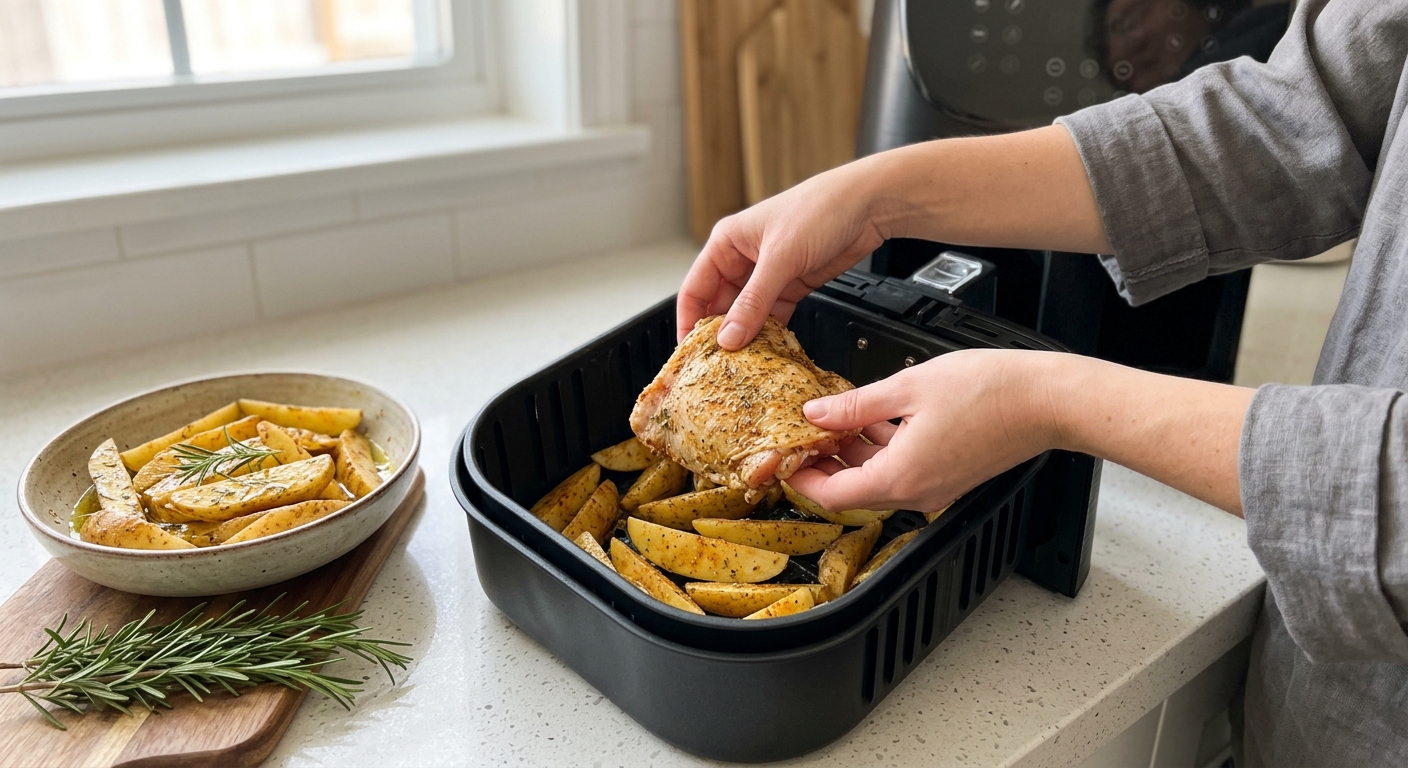 Запечённые куриные бёдра с картофелем и розмарином — процесс готовки в аэрогриле