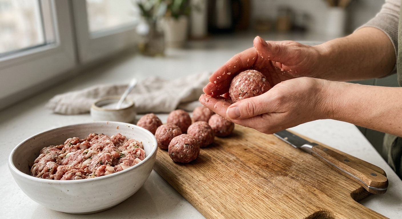Запечённые куриные фрикадельки с томатным соусом — процесс готовки в аэрогриле