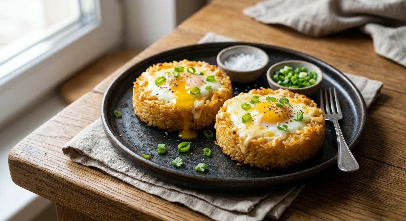 Запечённые рисовые биточки с яйцом и зелёным луком