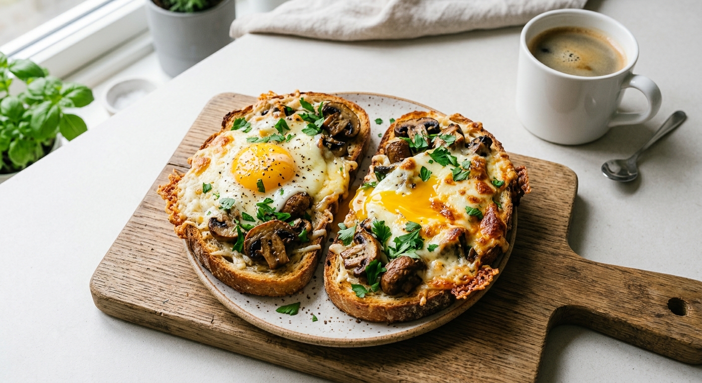 Запечённые тосты с яйцом и грибами