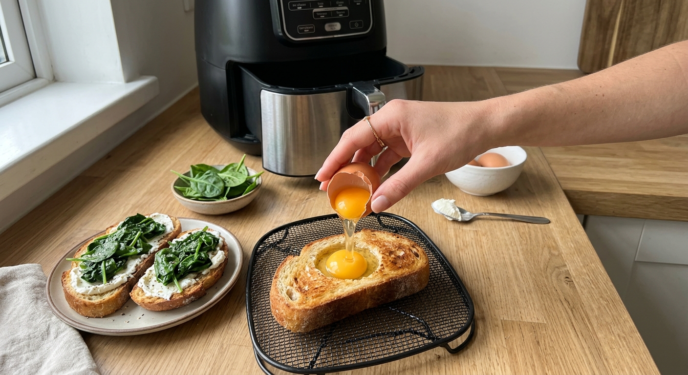 Запечённые тосты с яйцом и шпинатом в режиме Air Fry — процесс готовки в аэрогриле
