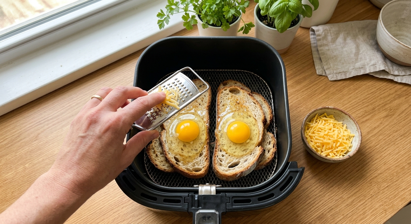 Запечённые тосты с яйцом и сыром в режиме Air Fry — процесс готовки в аэрогриле