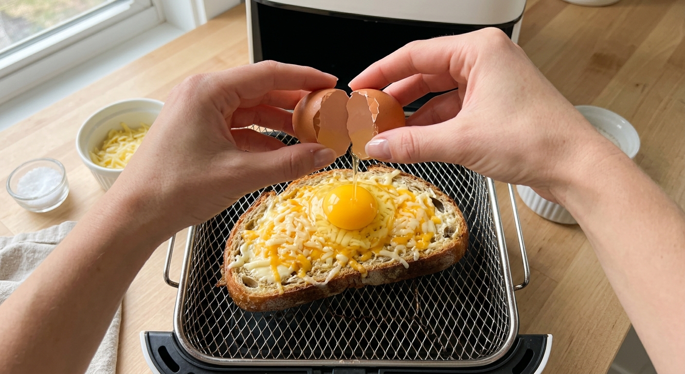 Запечённые тосты с яйцом и ветчиной в режиме Air Fry — процесс готовки в аэрогриле