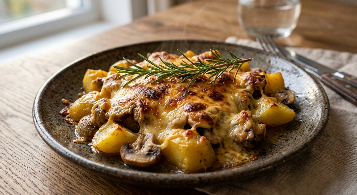 Запечённый картофель с шампиньонами и сыром чеддер