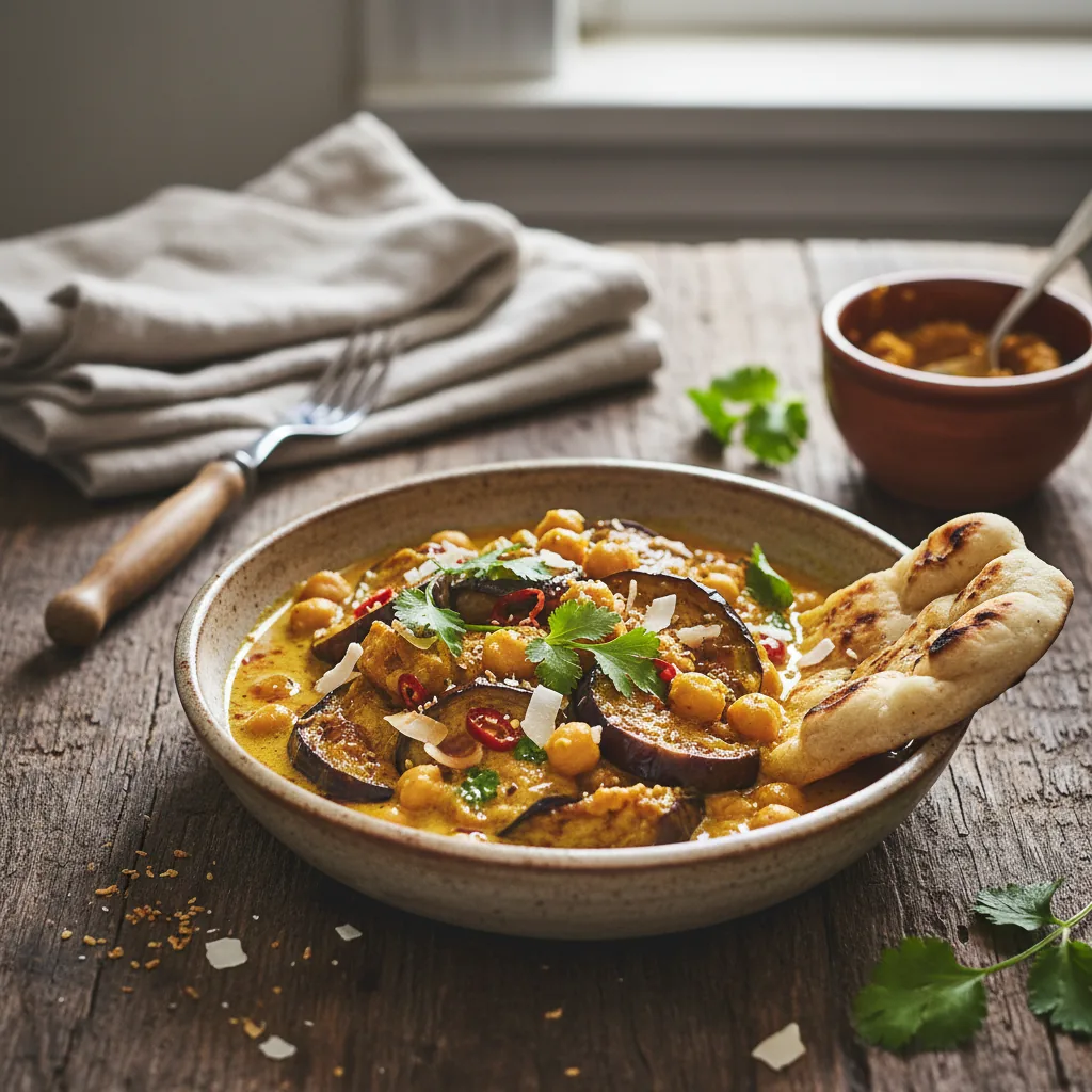 Баклажаны, тушёные в кокосовом молоке с пастой карри и нутом