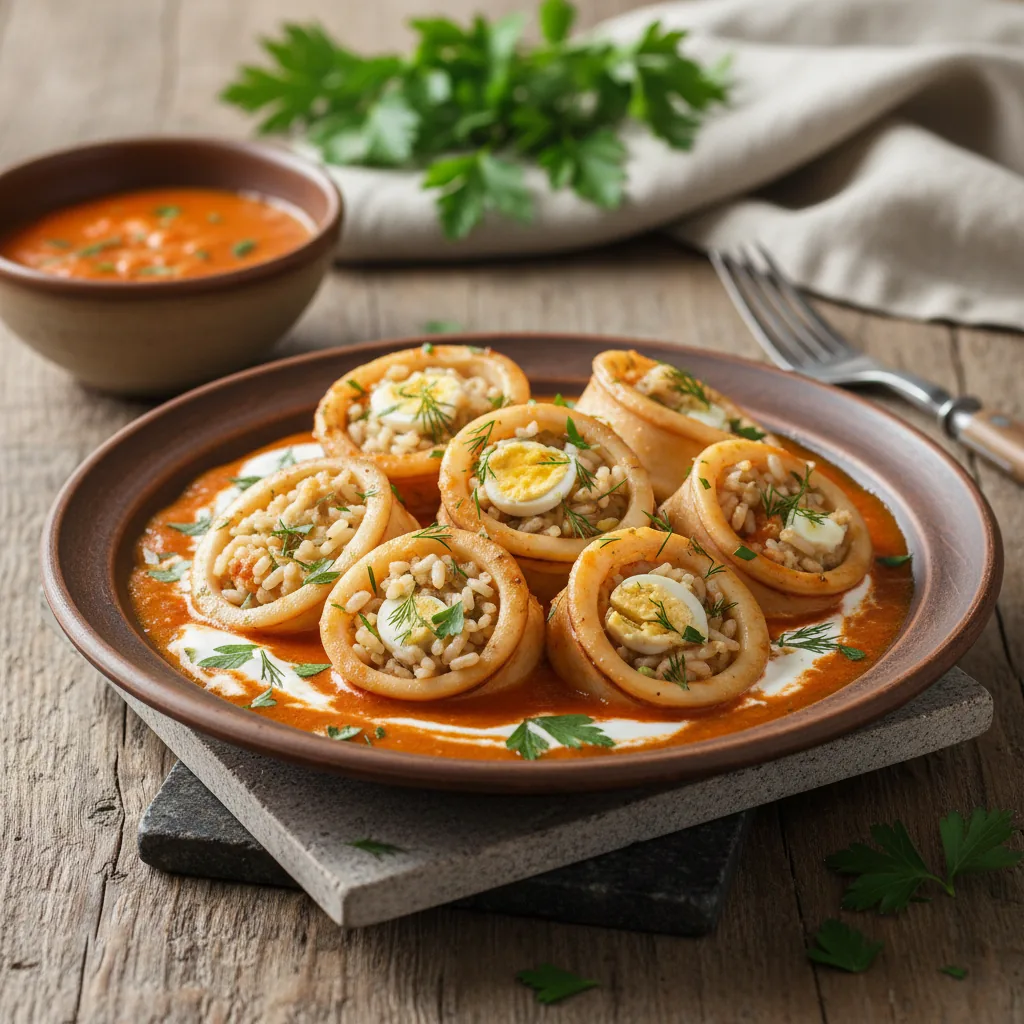 Фаршированные кальмары с рисом, яйцом и зеленью в томатно-сметанном соусе