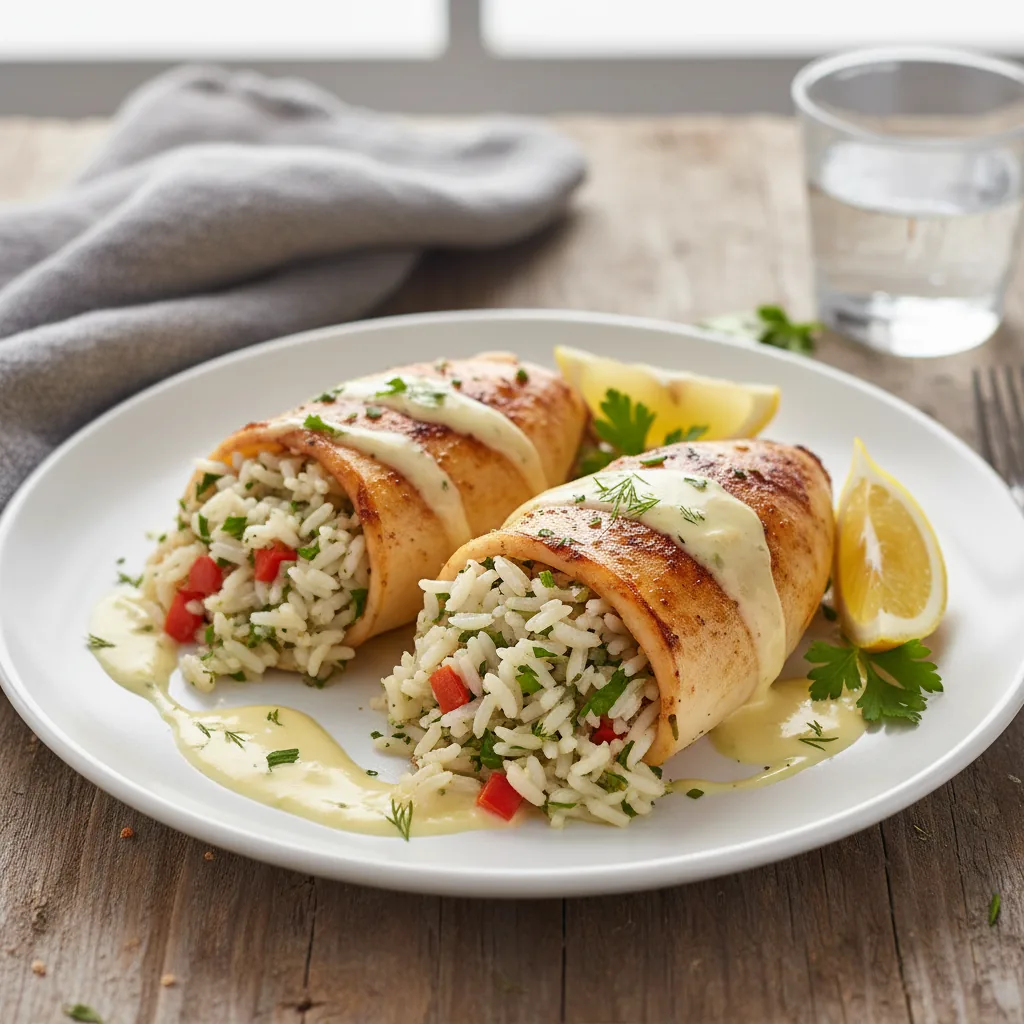 Фаршированные кальмары с рисом, зеленью и лимонным соусом