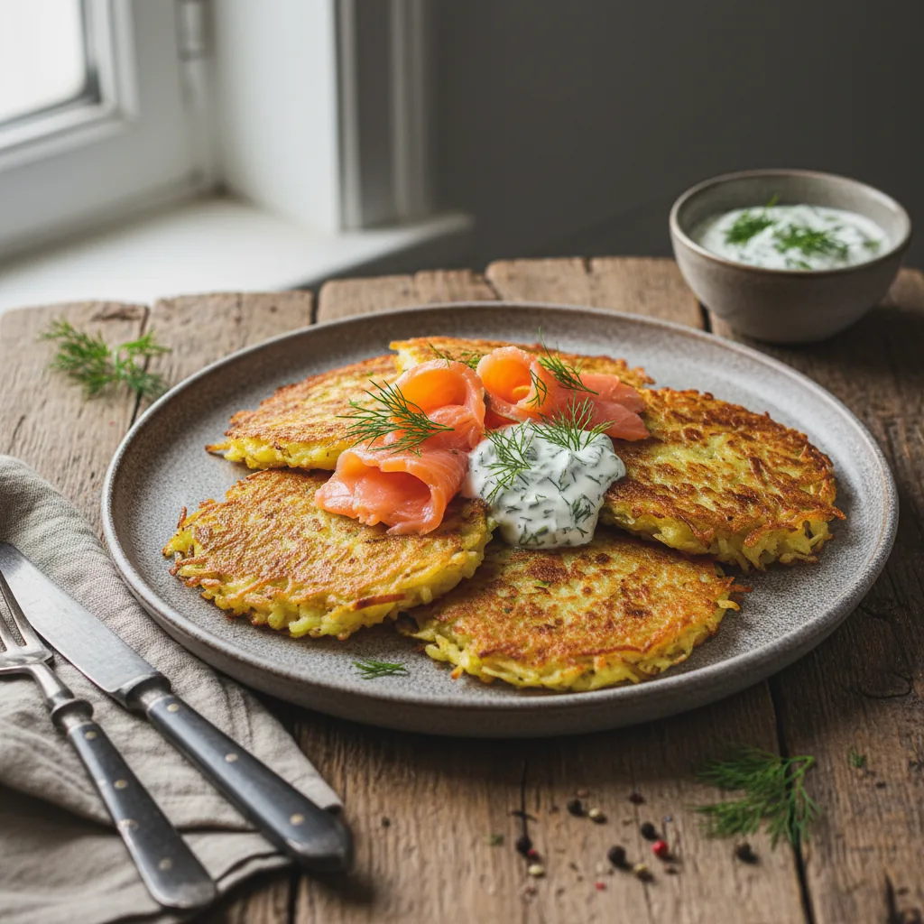 Картофельные драники с лососем и сметанно-укропным соусом