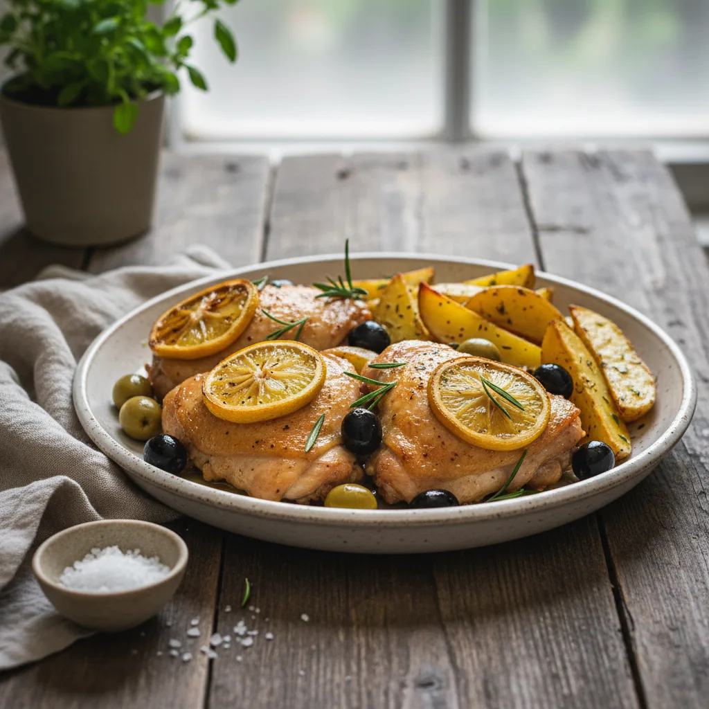 Куриные бедра с лимоном, оливками и розмарином, запеченные с картофелем