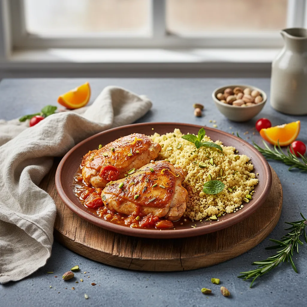 Куриные бедрышки в апельсиново-томатном соусе с кускусом и фисташками