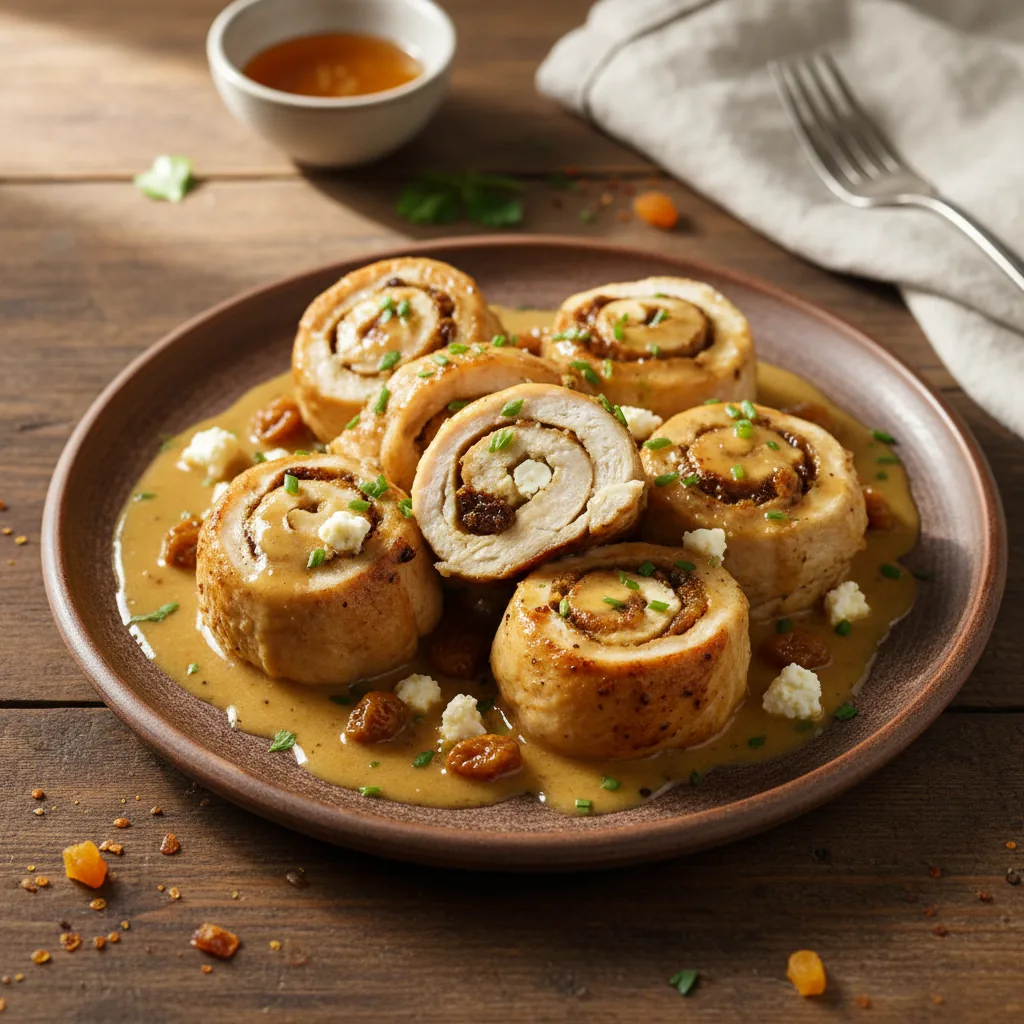 Куриные рулетики с брынзой и курагой в сливочно-медовом соусе