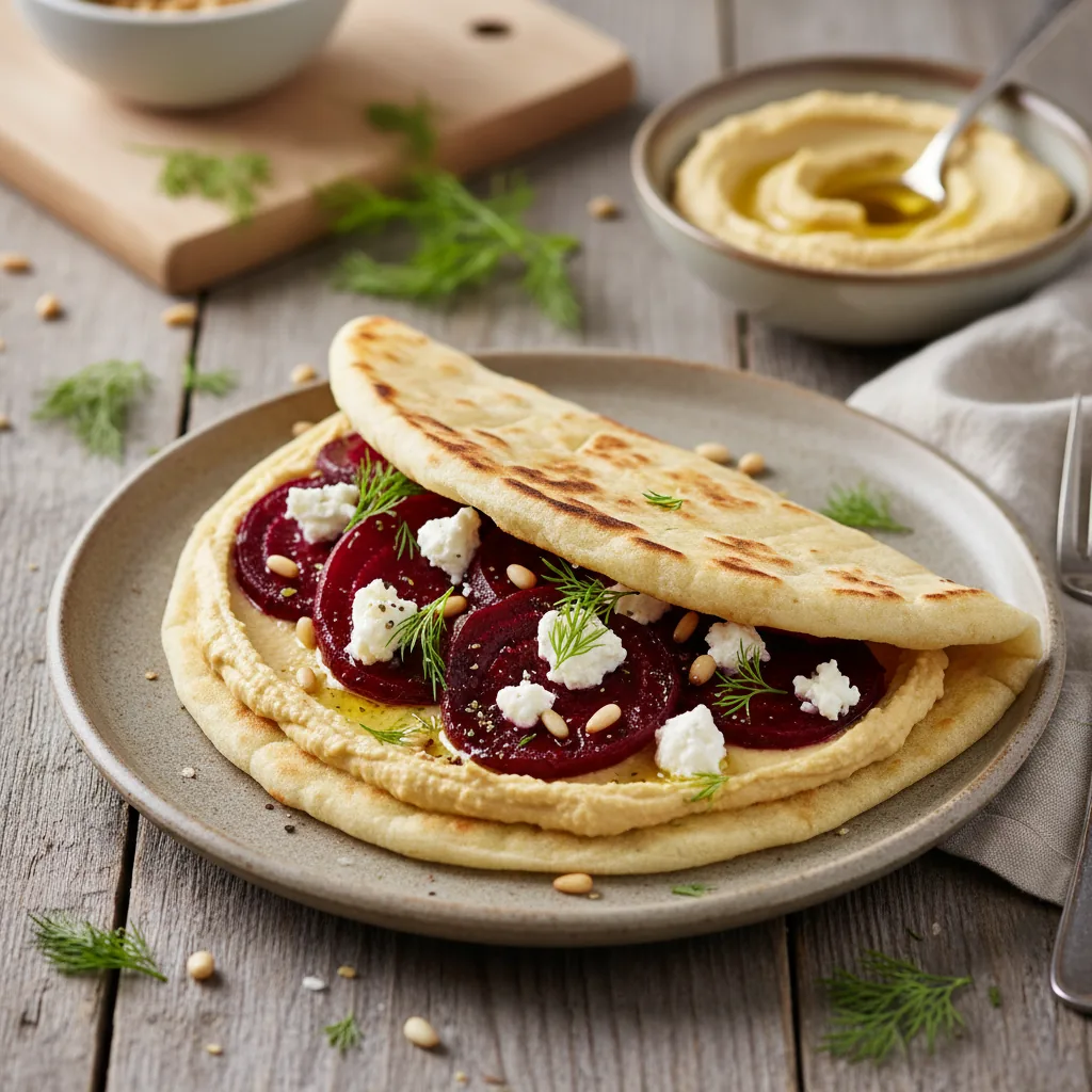 Лаваш с хумусом, запечённой свёклой и козьим сыром
