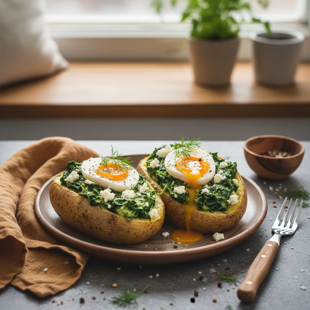Печёный картофель с начинкой из шпината, феты и яйца