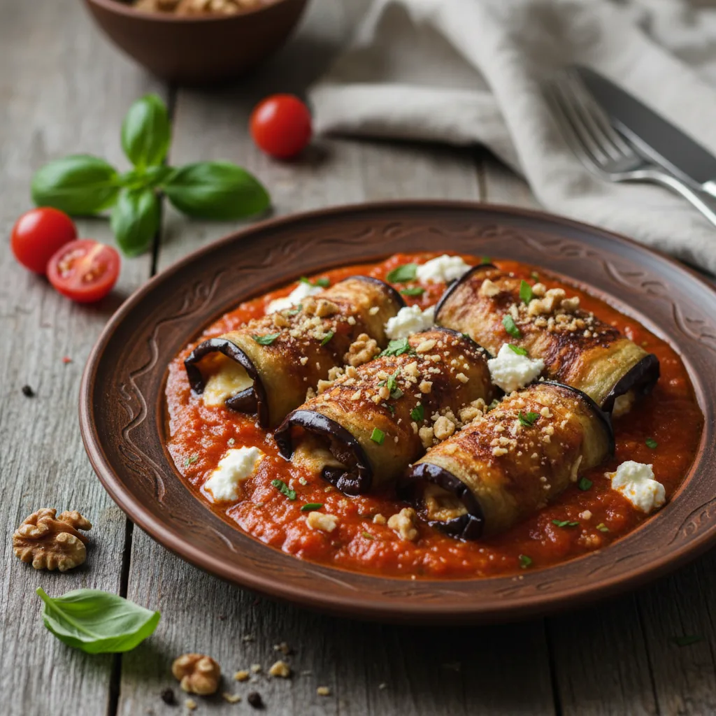 Рулетики из баклажанов с сыром и грецкими орехами в томатном соусе