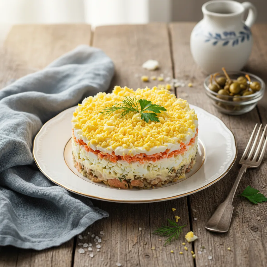 Салат Мимоза с консервами — классический слоёный рецепт