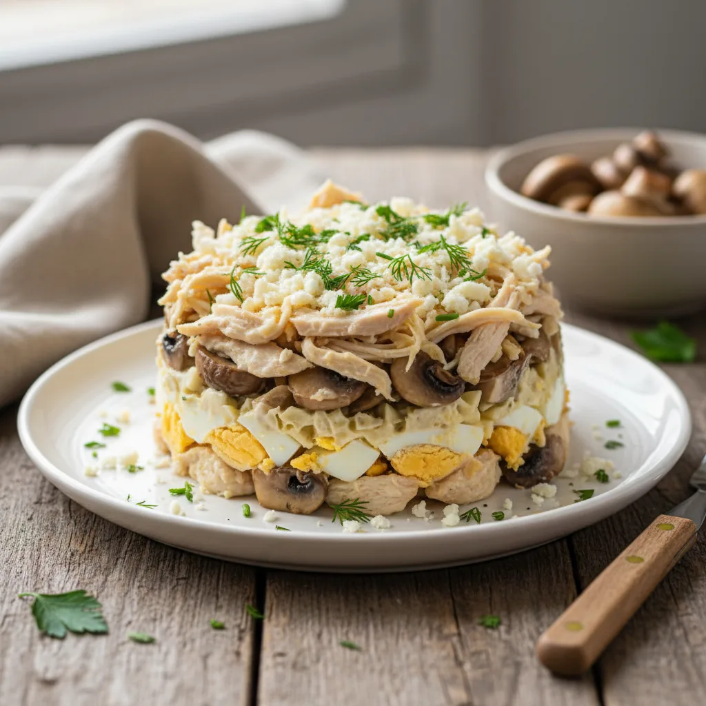Салат с курицей и грибами — слоёный с сыром