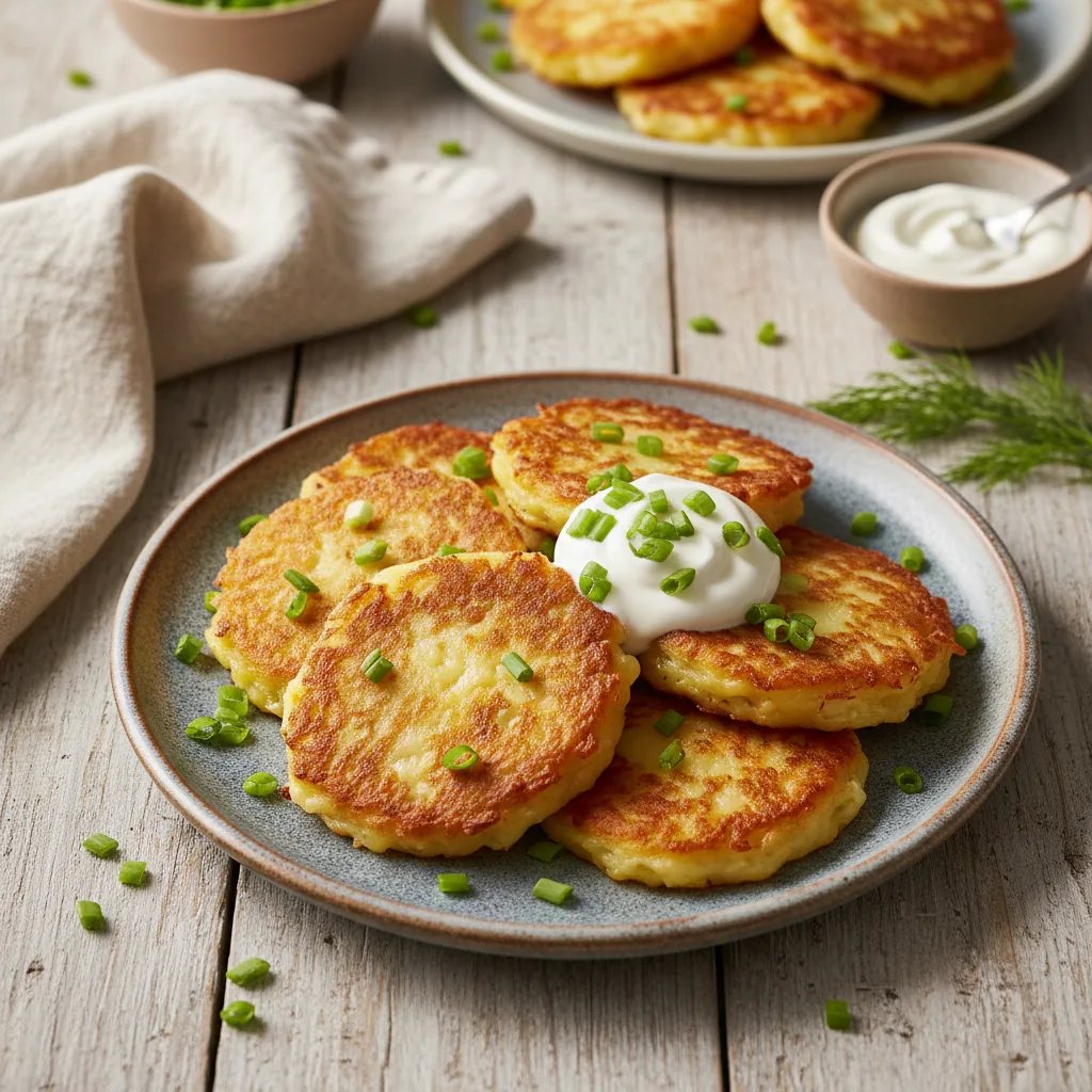 Сырные драники с зеленым луком и сметаной