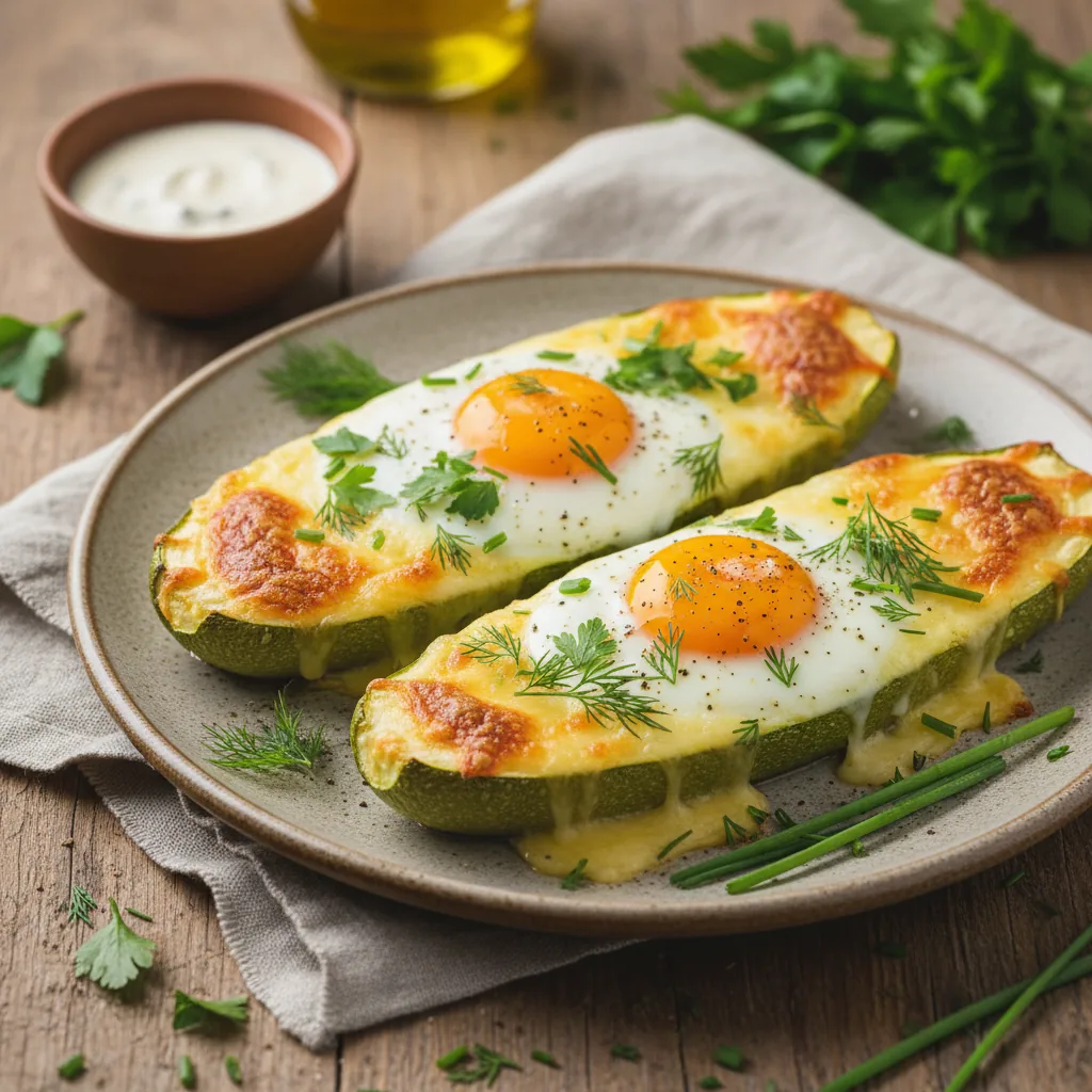 Сырные лодочки из цукини с яйцом и травами