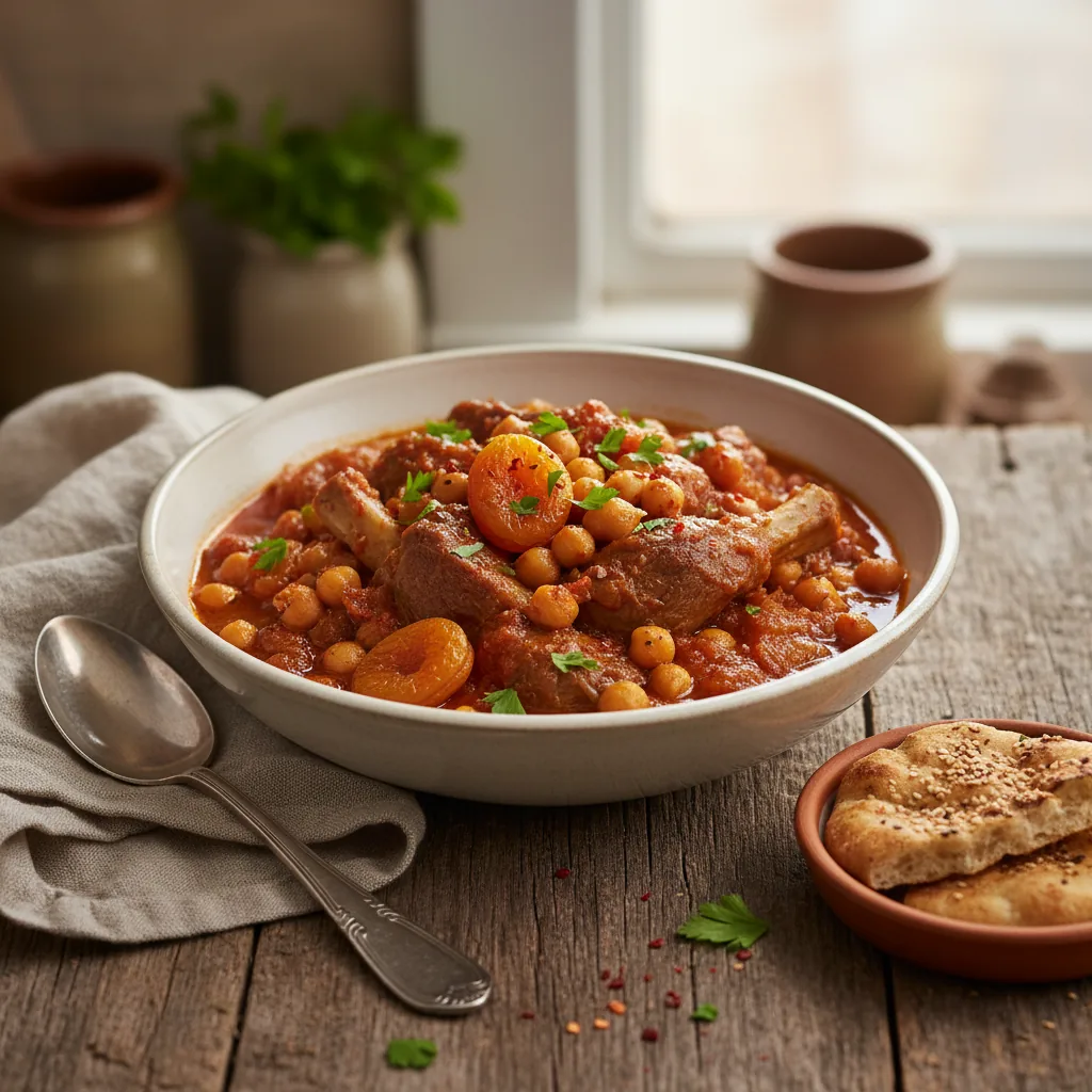 Тушёная баранина с курагой и нутом в томатном соусе