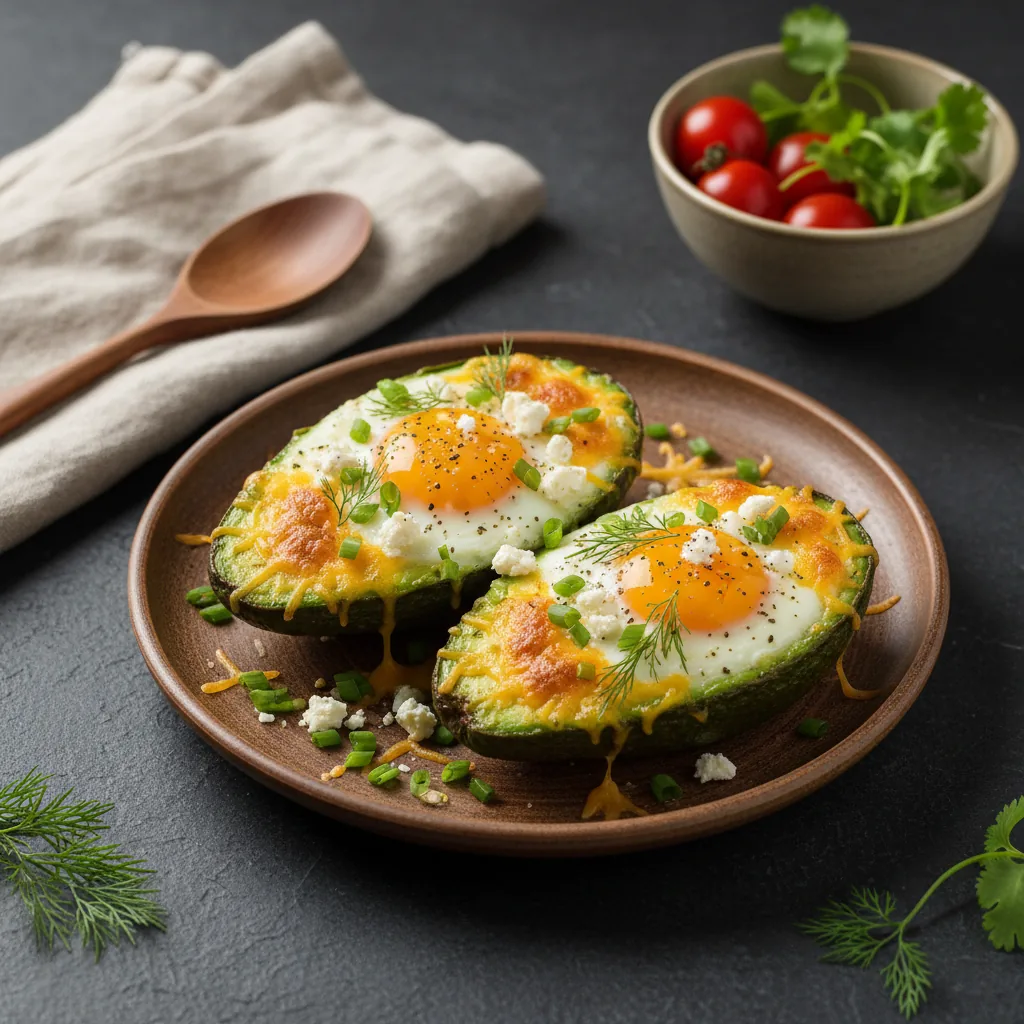 Запечённые яйца в авокадо с сыром и зеленью