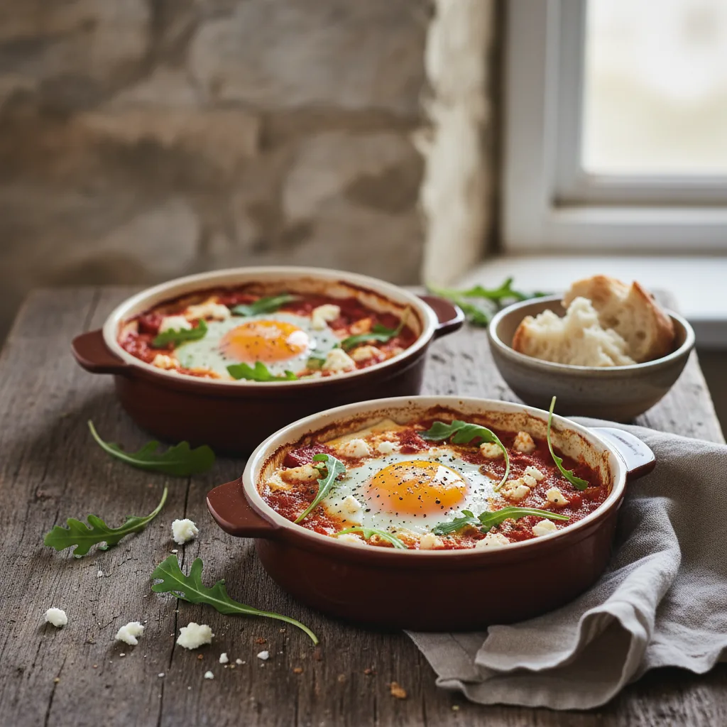 Запеченные яйца в паприке с козьим сыром и рукколой