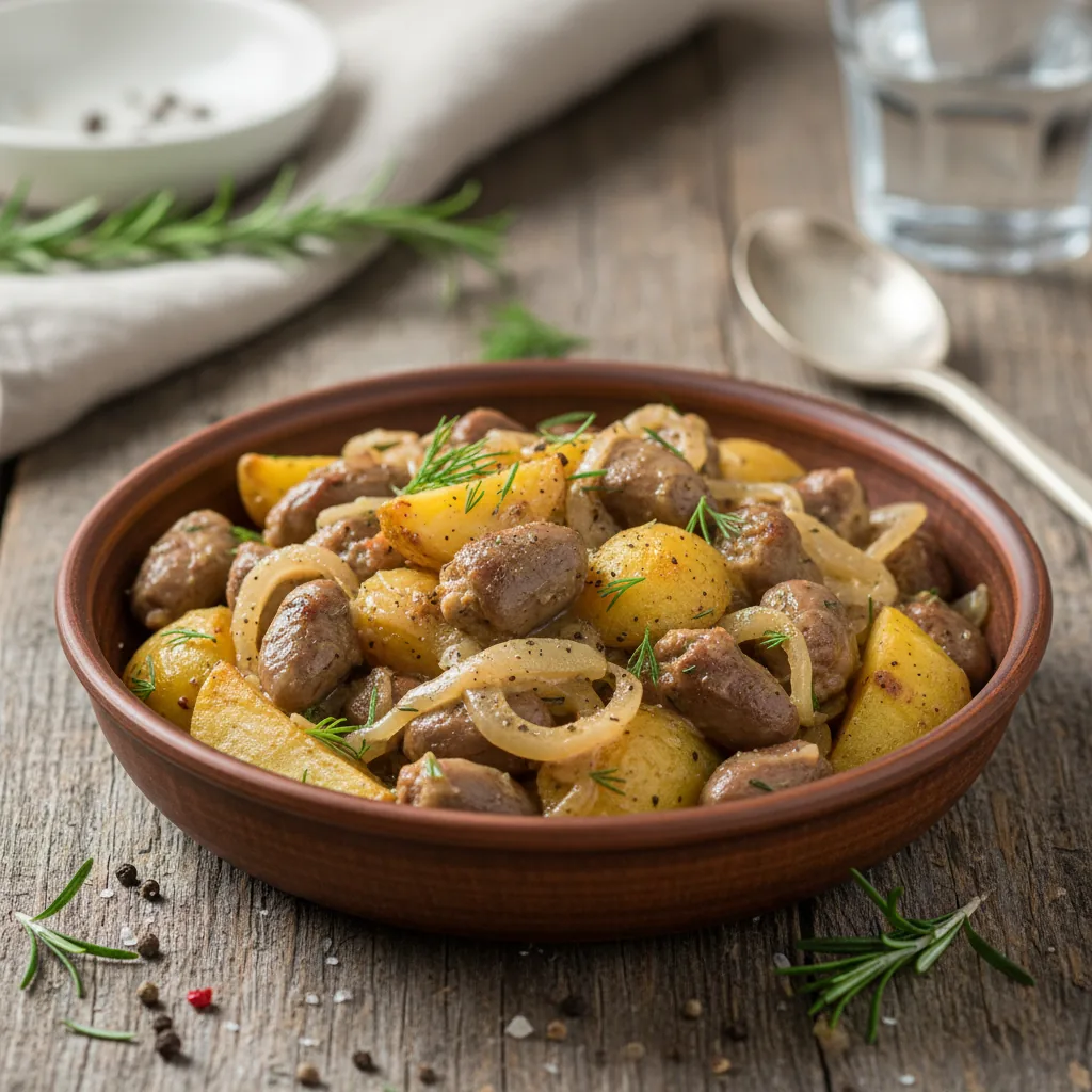 Запеченные куриные сердечки с картофелем в сметанно-луковом соусе