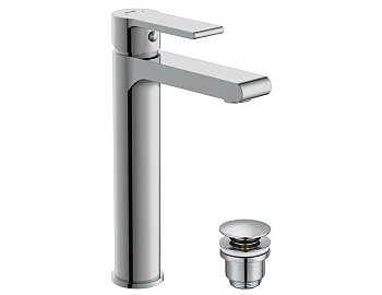 Смеситель Cersanit для раковины высокий BRASKO однорычажный, хром, с дон. клапаном