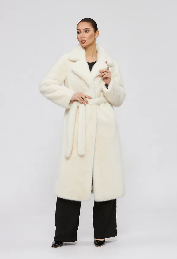 Фото Шуба из эко норки белая с английским воротником - 3