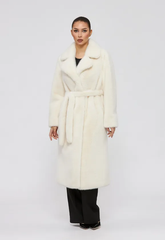 Фото Шуба из эко норки белая с английским воротником - 1