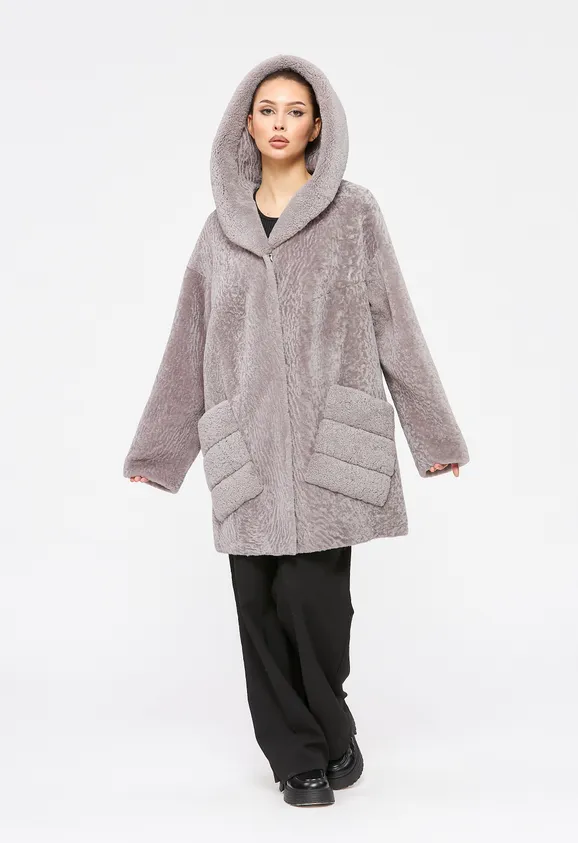 Фото Шуба из натурального астрагана лаванда с капюшоном - 5