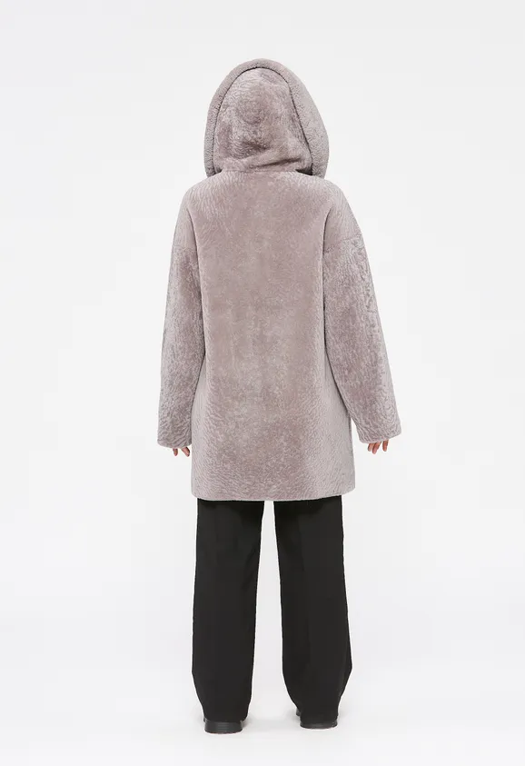 Фото Шуба из натурального астрагана лаванда с капюшоном - 4