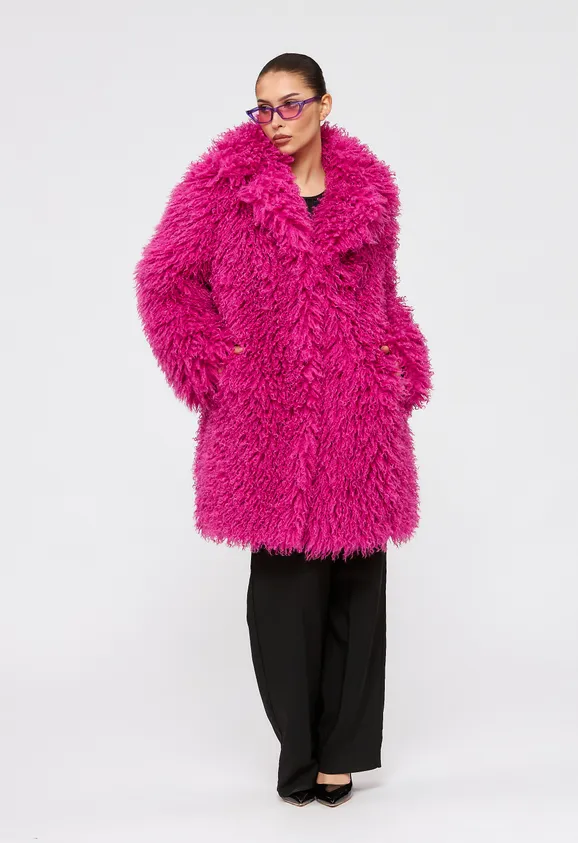 Фото Шуба из эко ламы фуксия с английским воротником - 6